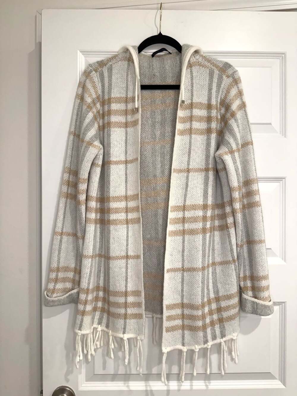Adrienne Vittadini Plaid Hooded Open Front Fringe Cardigan Sweater